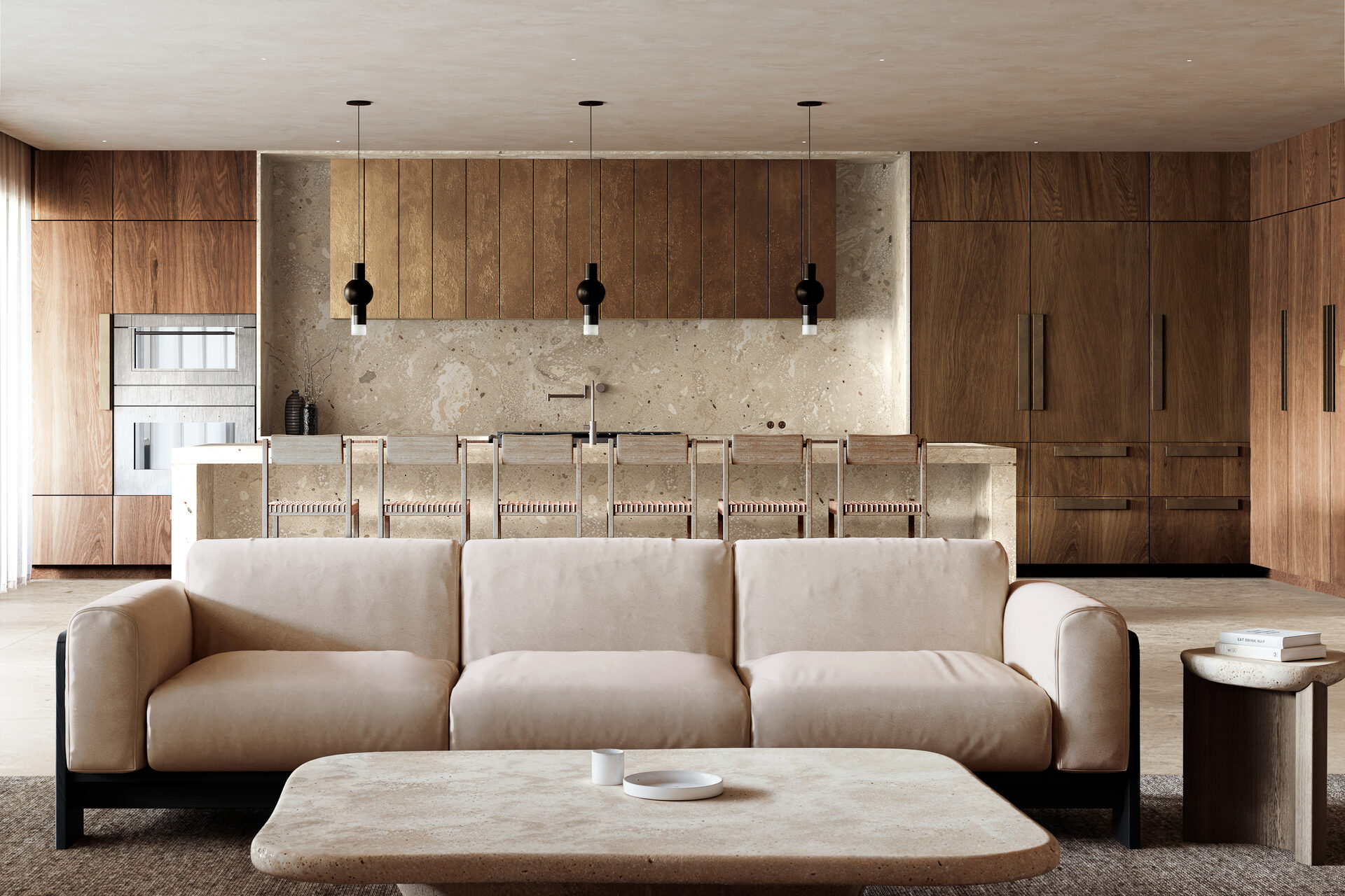 Dark kitchen palette with Italian stone and custom cabinetry